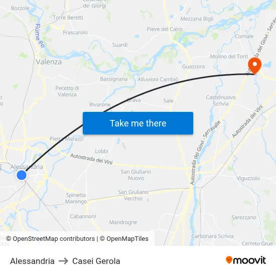 Alessandria to Casei Gerola map