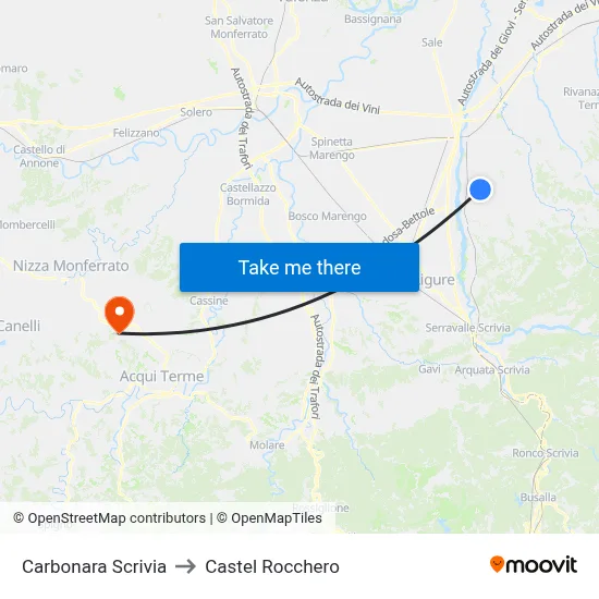 Carbonara Scrivia to Castel Rocchero map