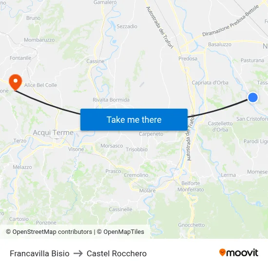 Francavilla Bisio to Castel Rocchero map