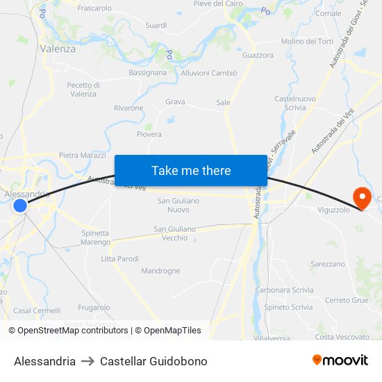 Alessandria to Castellar Guidobono map