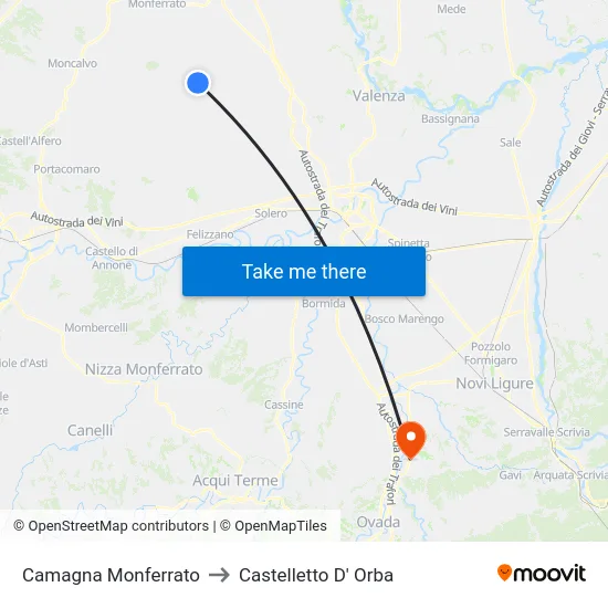 Camagna Monferrato to Castelletto D' Orba map