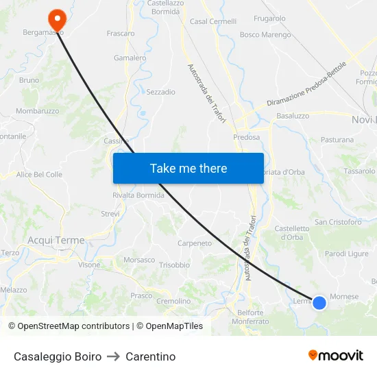 Casaleggio Boiro to Carentino map