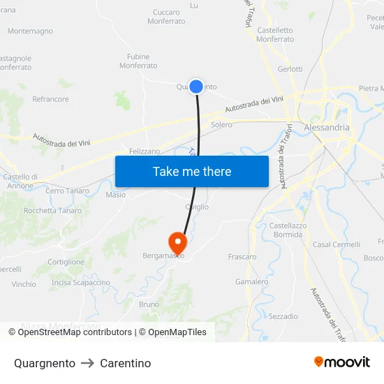 Quargnento to Carentino map