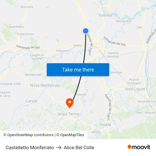 Castelletto Monferrato to Alice Bel Colle map