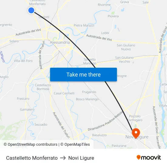 Castelletto Monferrato to Novi Ligure map