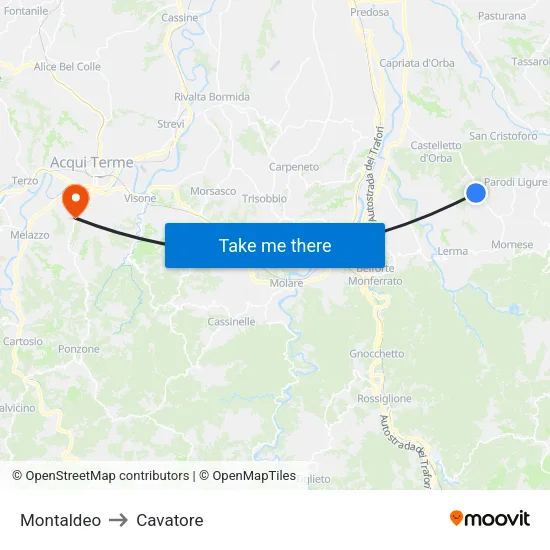 Montaldeo to Cavatore map