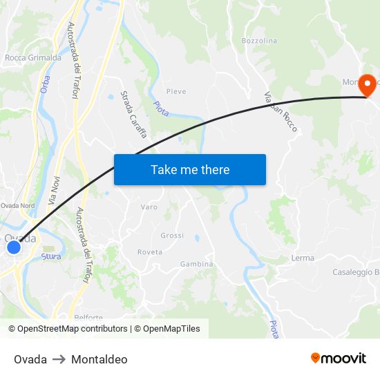 Ovada to Montaldeo map