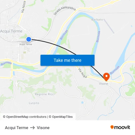 Acqui Terme to Visone map