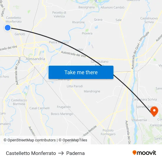Castelletto Monferrato to Paderna map