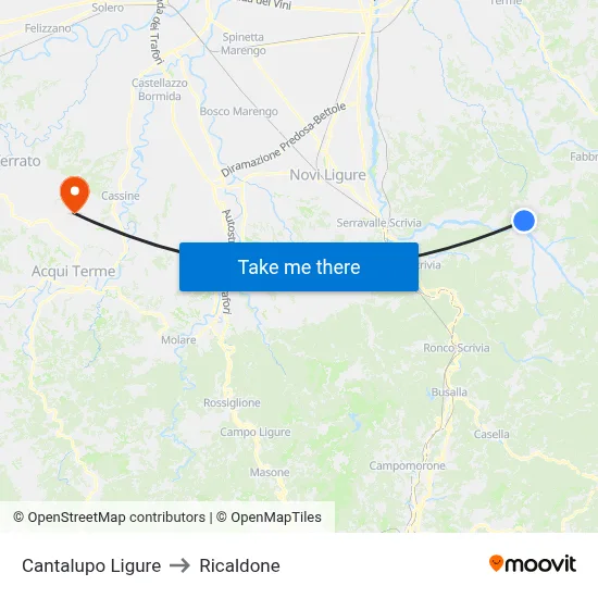 Cantalupo Ligure to Ricaldone map