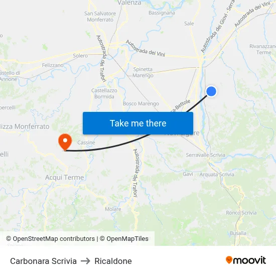 Carbonara Scrivia to Ricaldone map