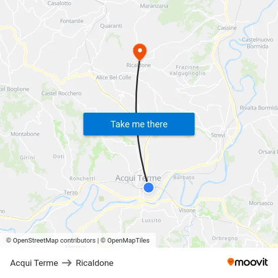 Acqui Terme to Ricaldone map