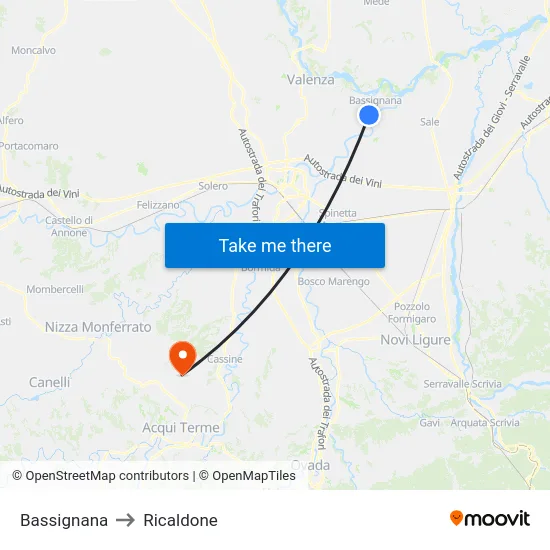 Bassignana to Ricaldone map