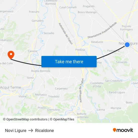 Novi Ligure to Ricaldone map