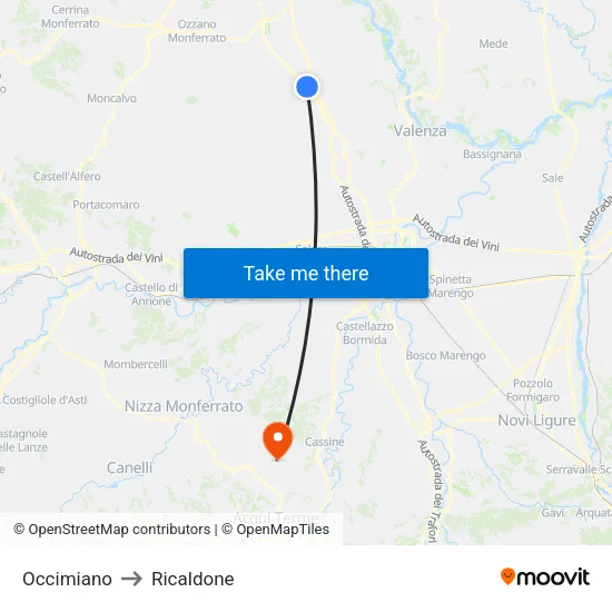 Occimiano to Ricaldone map