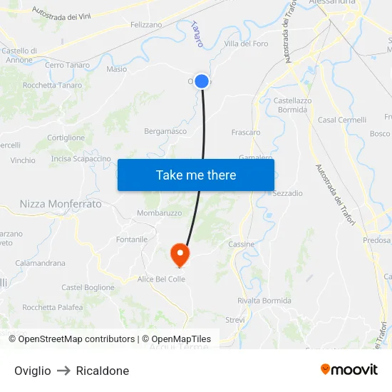 Oviglio to Ricaldone map