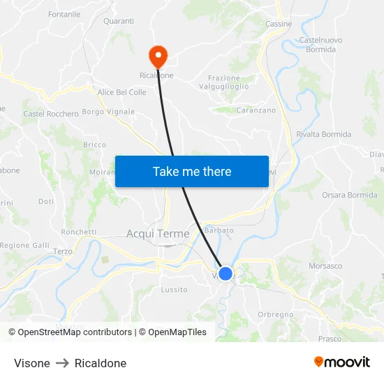 Visone to Ricaldone map