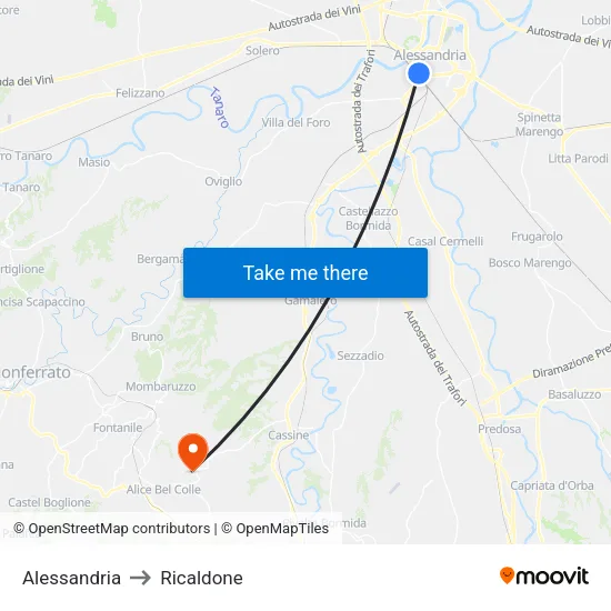 Alessandria to Ricaldone map