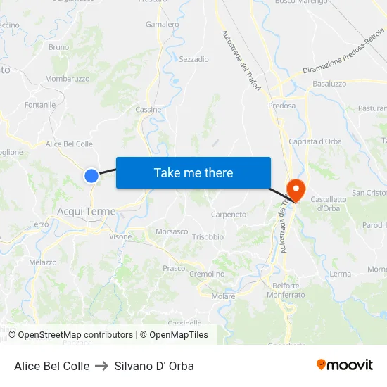 Alice Bel Colle to Silvano D'Orba map
