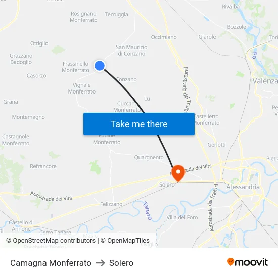 Camagna Monferrato to Solero map