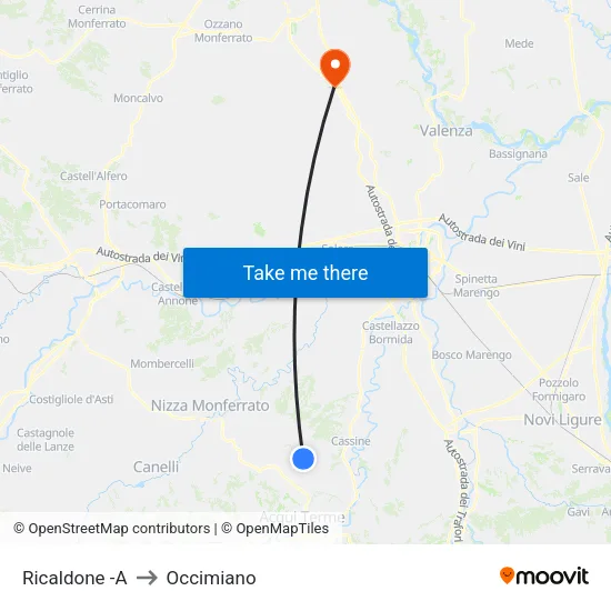 Ricaldone -A to Occimiano map