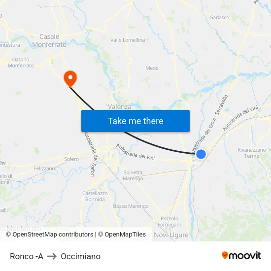 Ronco -A to Occimiano map