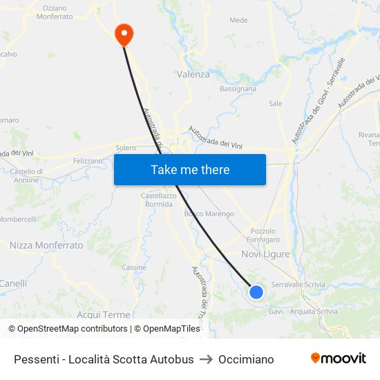 Pessenti - Località Scotta Autobus to Occimiano map