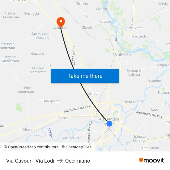 Via Cavour - Via Lodi to Occimiano map