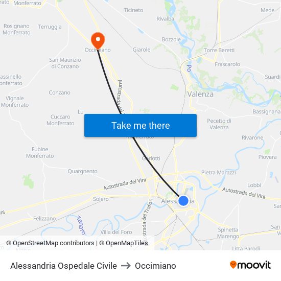 Alessandria Ospedale Civile to Occimiano map