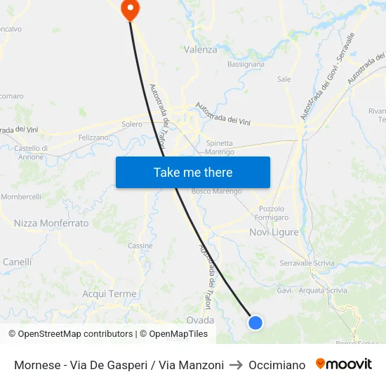 Mornese - De Gasperi Street / Manzoni Street to Occimiano map