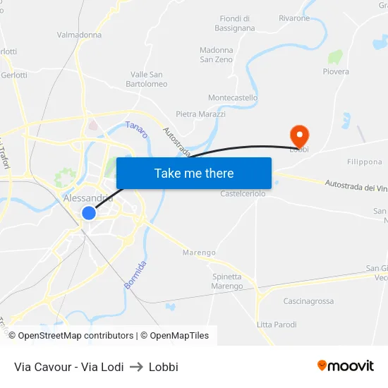 Via Cavour - Via Lodi to Lobbi map