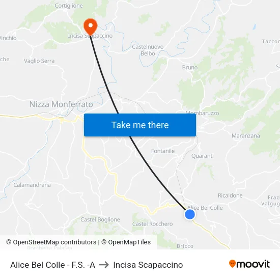 Alice Bel Colle - F.S. -A to Incisa Scapaccino map