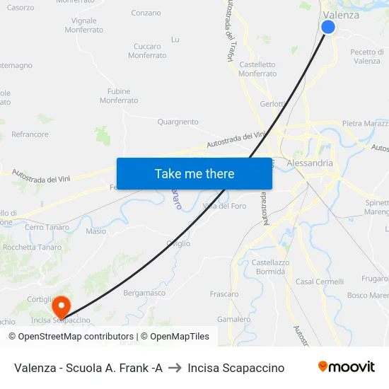 Valenza - Scuola A. Frank -A to Incisa Scapaccino map