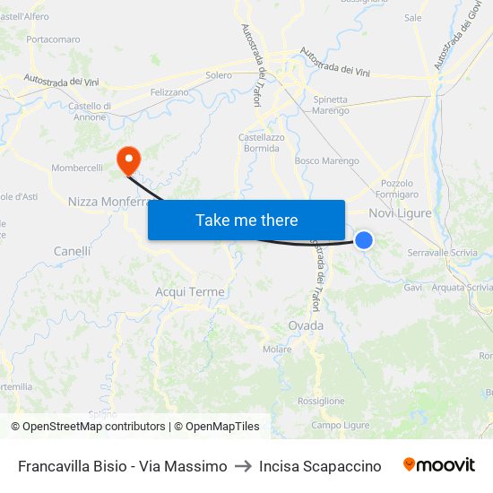 Francavilla Bisio - Via Massimo to Incisa Scapaccino map