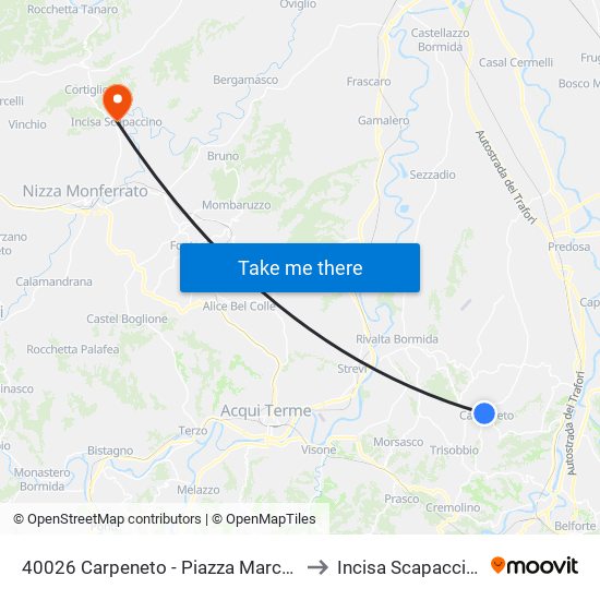 40026 Carpeneto - Piazza Marconi to Incisa Scapaccino map