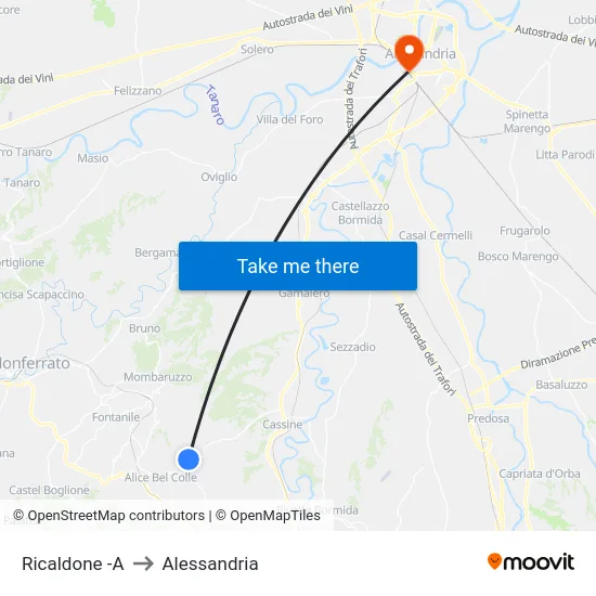Ricaldone -A to Alessandria map