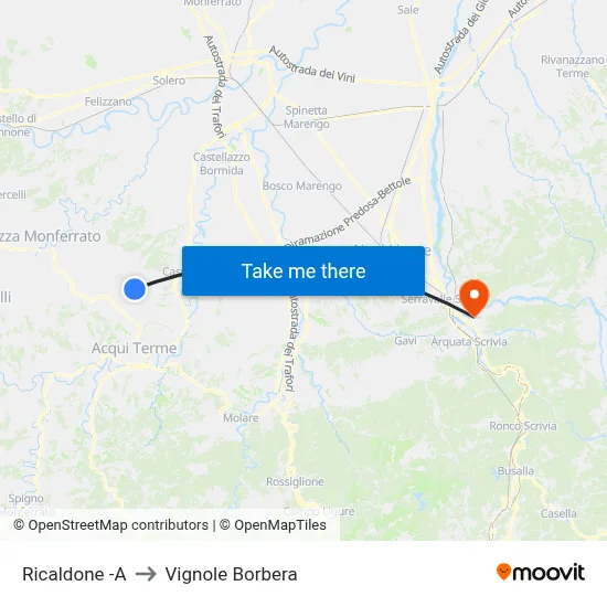 Ricaldone to Vignole Borbera map