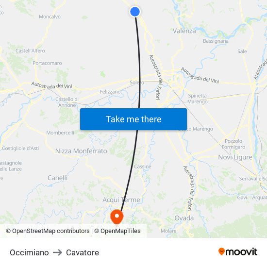 Occimiano to Cavatore map
