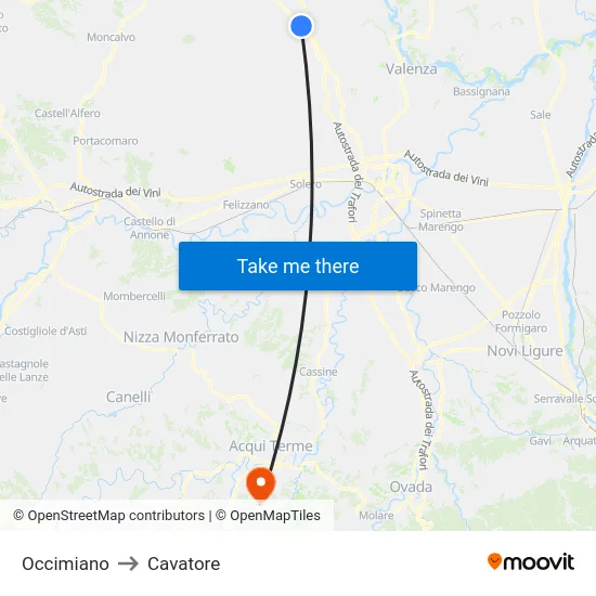 Occimiano to Cavatore map