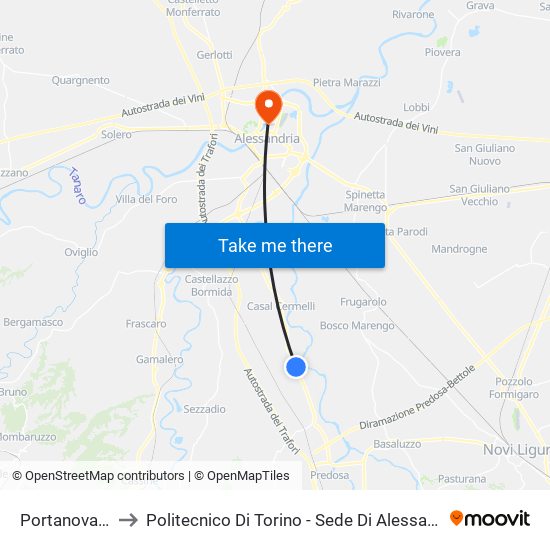 Portanova -A to Politecnico Di Torino - Sede Di Alessandria map
