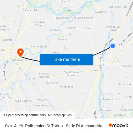 Ova -A to Politecnico Di Torino - Sede Di Alessandria map
