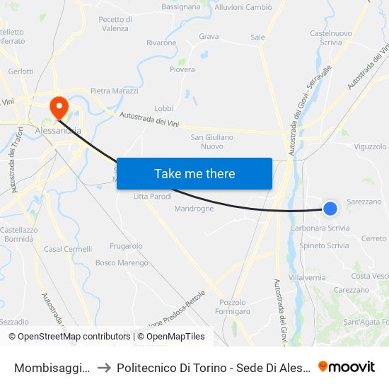 Mombisaggio -A to Politecnico Di Torino - Sede Di Alessandria map