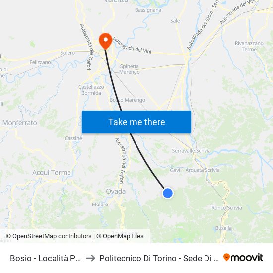 Bosio - Località Perghelle to Politecnico Di Torino - Sede Di Alessandria map