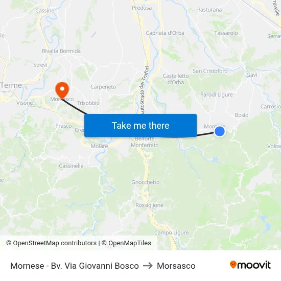 Mornese - Giovanni Bosco Street Junction to Morsasco map