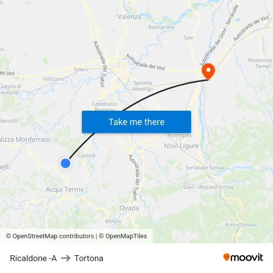 Ricaldone to Tortona map