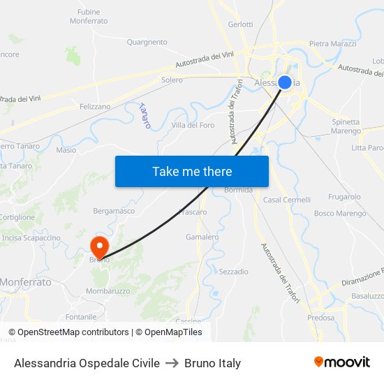 Alessandria Ospedale Civile to Bruno Italy map