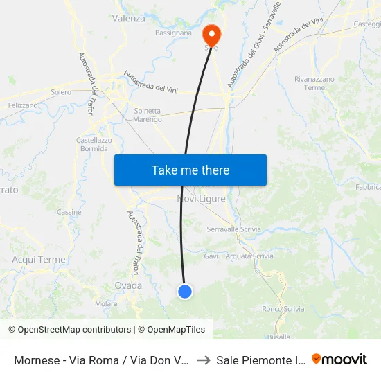 Mornese - Via Roma / Via Don Voglino to Sale Piemonte Italy map