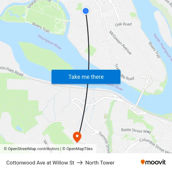 Cottonwood Ave at Willow St to North Tower map
