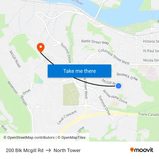 200 Blk Mcgill Rd to North Tower map
