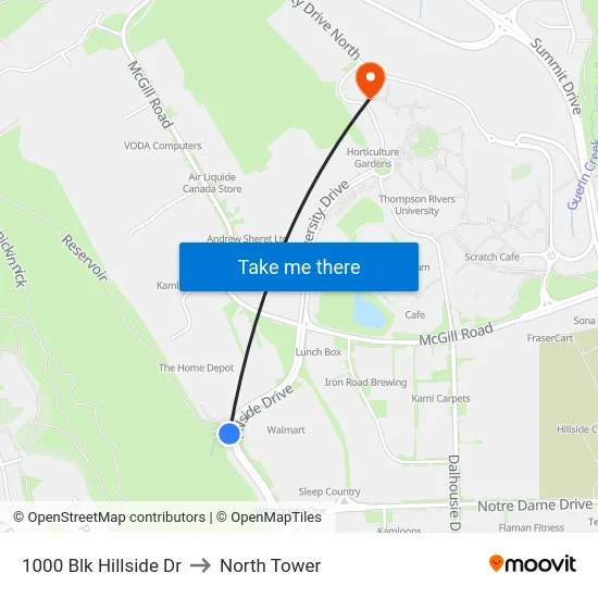 1000 Blk Hillside Dr to North Tower map